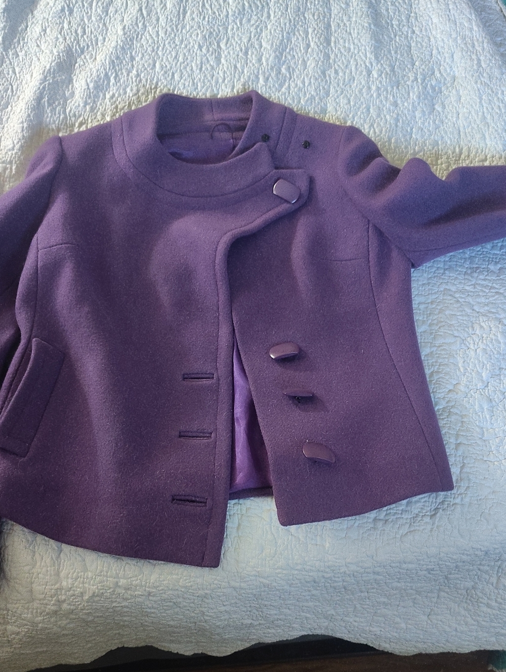 Cropped Purple Wool Pea Coat with Asymmetric Button Placket